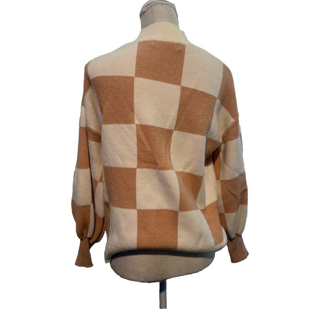 Tan White Colorblock Checkerboard Crewneck Pullover Academia Preppy Mock Neck M - Picture 3 of 8